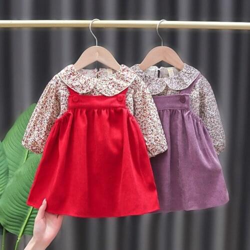 Baby Girl Dress Sets 2021 New Spring Autumn Kids Long Sleeve Floral Top + Red Suspender Skirt Toddler Girls Clothes Vestidos