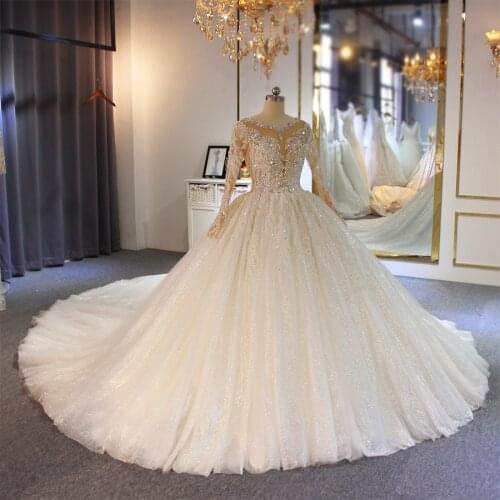 Amanda Design Custom Made Long Sleeve Lace Applique Crystal Illusion Long Train Luxury Wedding Dress
