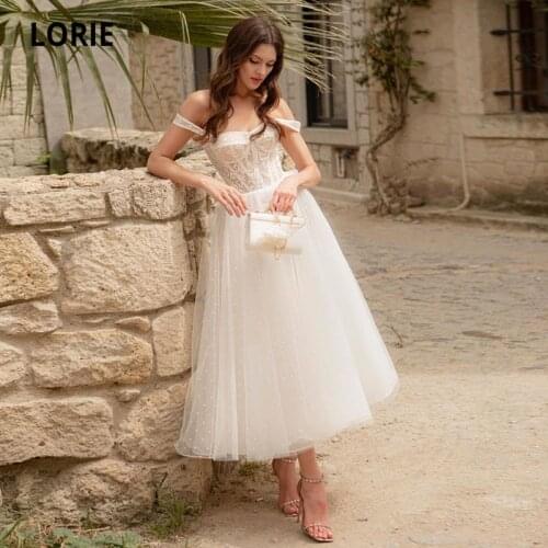 LORIE Short Wedding Dresses off the Shoulder Appliques Lace Boho Princess Polka Dot Wedding Gown Beach Bridal Dress 2021