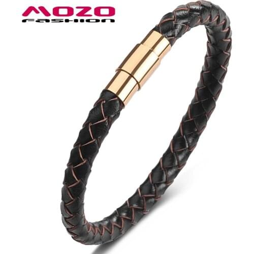 MOZO Fashion Men Bracelets Brown Leather Stainless Steel Gold Magnet Buckle Bangles Casual Male Jewelry