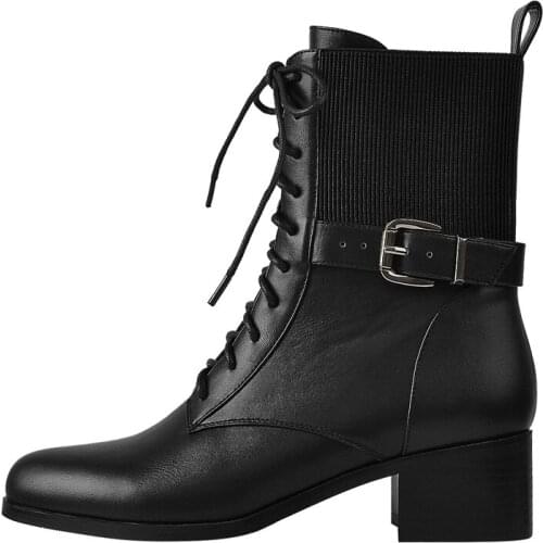 Richealnana Spring Autumn Woman Ankle Boots Low-heeled Matte Patent Leather Booties Lace-up Buckle Elastic Lady Shoes Big SIze