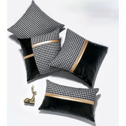 Luxury Houndstooth PU Stitching Combination Grid Pillowcase Living Room Sofa Cushion Lumbar Throw Pillow Covers Decorative Car