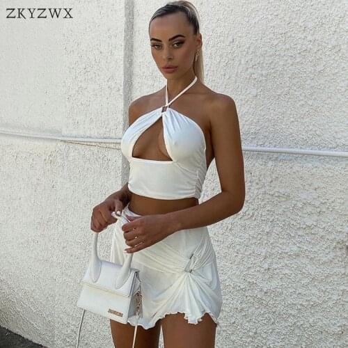 ZKYZWX Sexy 2 Piece Set Women 2021 Summer Clothes Halter Backless Crop Top Skirt Vacation Club Birthday Outfits Matching Sets