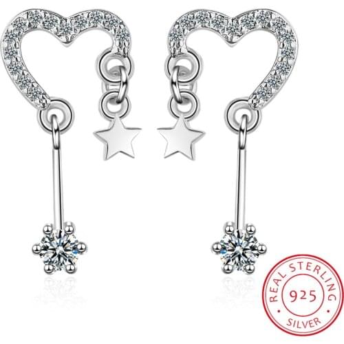 LEKANI Authentic 925 Sterling Silver Star and Heart Drop Earrings for Women Dazzling CZ Engagement Jewelry Arete Brincos BSE277