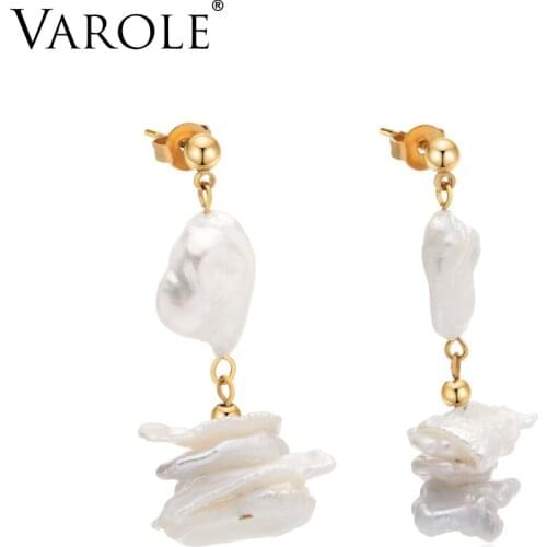 Varole New Irregular natural freshwater pearl earrings korean stainless steel gold drop earrings 2019 Wedding jewelry wholesale