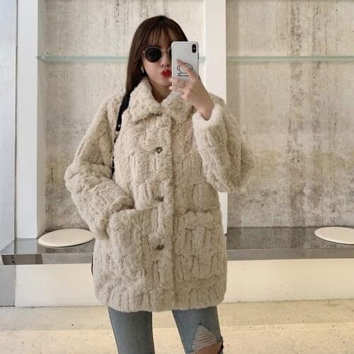 Mid-length Loose Big Pocket Thicken Faux Lambswool Fur Coat Winter Korean Plus size Long sleeve Warm Soft Plush Outerwear Female