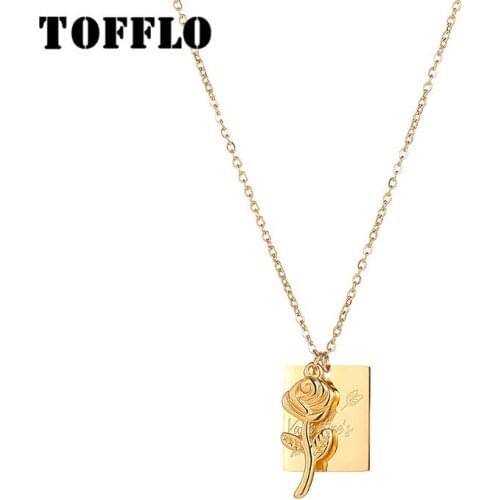 TOFFLO Stainless Steel Jewelry Rose Square English Pendant Valentines Day Necklace Female Clavicle Chain BSP957