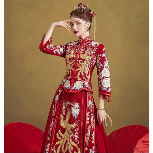 Chinese Traditional Wedding Suit Men Women Long Cheongsam Dress Stylish Elegant Bride Dragon Phoenix Vintage китайская одежда