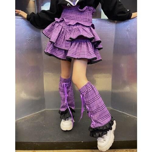 Japanese Harajuku Two Layers Purper Cake Skirts Gothic Lolita Kawaii Sweet Girls High Waist Mini Short Plaid Mini Y2K Skirt