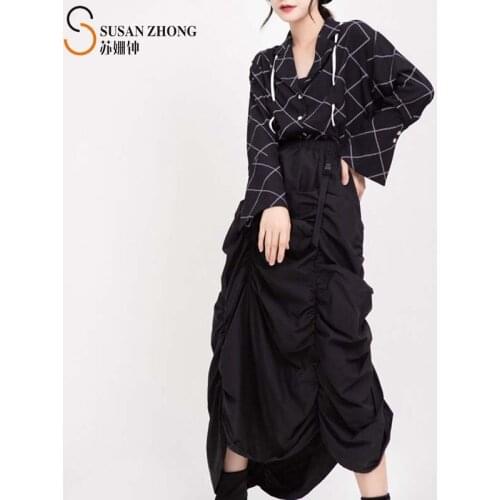 Women Skirts Female Bottoms Spring Summer Japanese Style Designer Loose Pleated Long Elastic Waist Draped Lace-Up Attachable