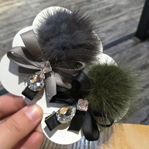 Korean New Hairpins Rhinestone Imitation Fur Ball Mink Hair Clip Autumn Winter Mori Girls Duckbill Ribbon Bow Hair Accessories