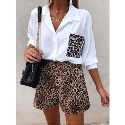 Summer 2021 Elegant Femme Button Front Top & Bottoms Office Lady Outfits Women two Pieces Leopard Print Shirt & Shorts Sets