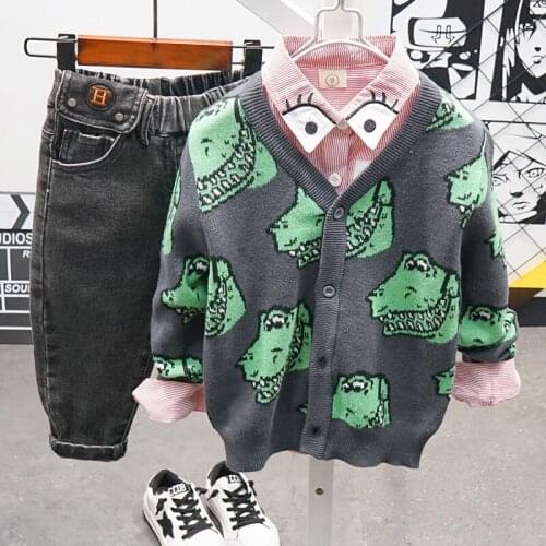 Spring&Autumn Baby Boy Clothing Sets Childrens Dinosaur Knitted Cardigan + Shirt + Jeans 3pcs/Set Kids Clothes Set 2-6Years