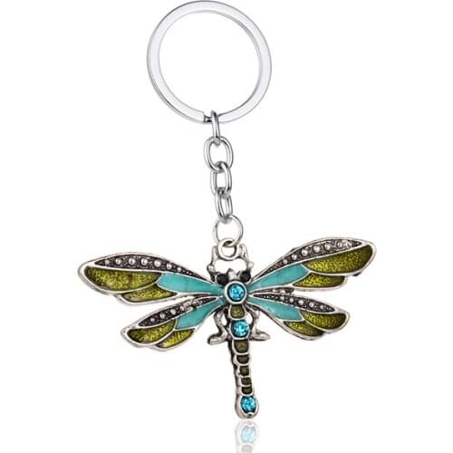 36PC Dragonfly Keyrings Animals Green Crystal Rhinestone Charm Pendant Keychains Family Kids Children Christmas Gift Jewelry Hot