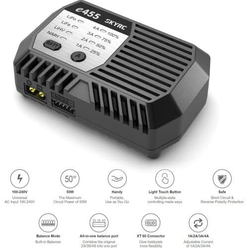 SKYRC E455 Balance Charger 100-240V 50W 4A for 2-4S LiPo LiFe LiHV Battery XT60 Connector Handy Portable Charger for RC Car Dron