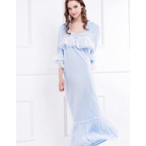 Free Shipping New Summer and Autumn Womens Long Blue and White Vintage Pyjamas Lace Sleepwear Lady Nightgown Royal Nightshirt