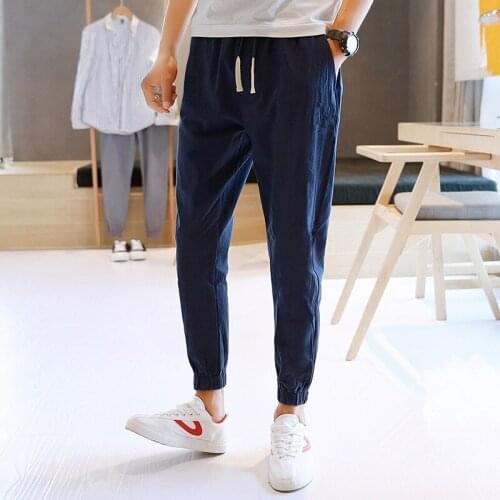2020 spring summer cotton linen men ankle-length pencil pants fashion casual drawstring pants high waist slim plus size m-6xl