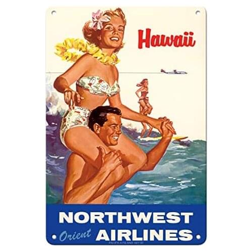 Hawaii - Northwest Orient Airlines - Airline c.1960s Metal Tin Sign