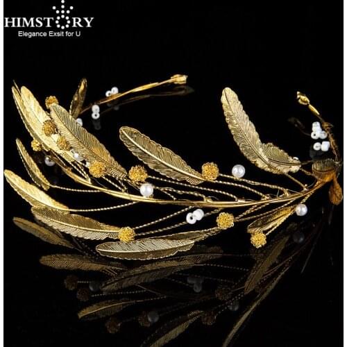 HIMSTORY Bride Elegant Crystal Hairband Gold Retro Leaves Headpiece Luxury Wedding hair Accessories