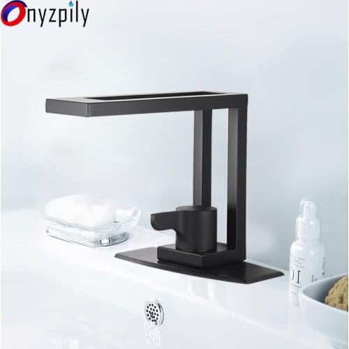 Onyzpily Basin Sink Faucet Black Cold and Hot Water Deck Mounted Single Hole Single Handle Hollow Design Washbasin Bathroomroom