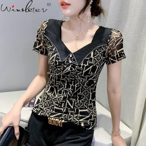 Summer European Style Print Mesh T-Shirt Chic Sexy V-Neck Button Drape Shiny Diamonds Women Tops Short Sleeve Tees 2021 T16817A