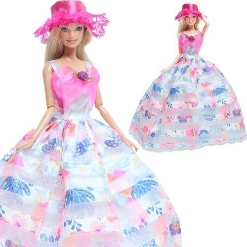 Fashion Doll Dress for Barbie Doll Accessories Lace Gown Colorful Flowers Pink Girl Hats Wedding Party Wear Clothes Kids Toy