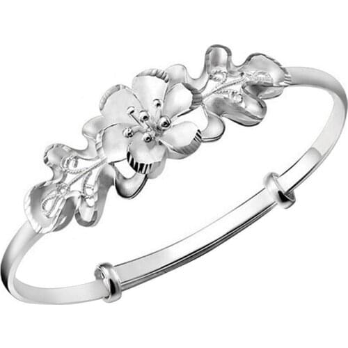 Fashion Flower Adjustable Cuff Bangle Woman Silver Plated Bracelet Hand Jewelry