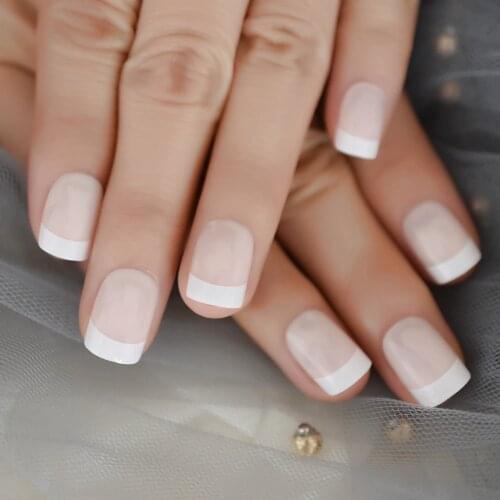 Natural Nude Press On Nails Glue On Back White French Nail Square Medium Faux Ongles with Rear Stickers 24pcs kit