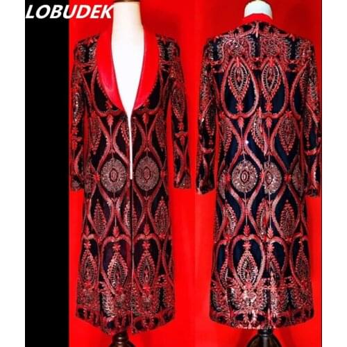 New Male Singer Nightclub Bar Red Sequins Overcoat Long Coat Punk Dancer Stage Concert Performance Long Blazer Customized S-4XL