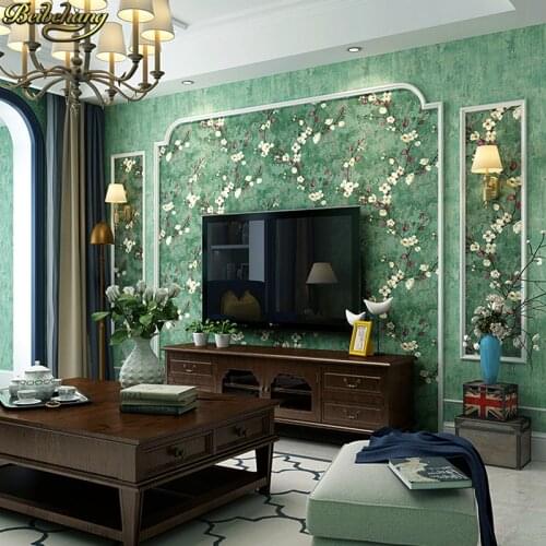 Beibehang American pastoral wallpaper retro retro country style dark green living room ab version TV background wall paper