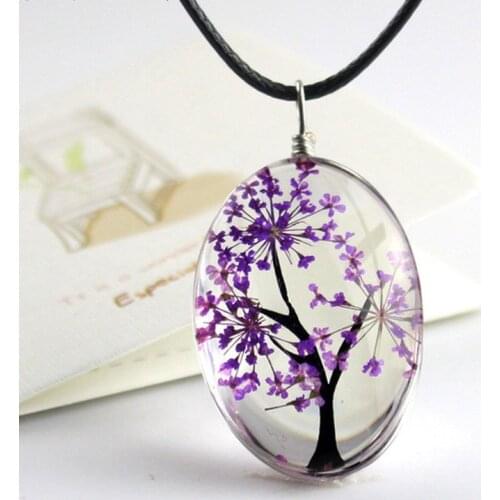 Handmade Dried Flower Necklace Glass Pendant Leather Chain Boho Long Statement Necklaces Summer Jewelry for Women