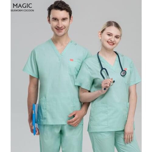 Pet Store Nursing Scrubs Uniforms for Male Female Snap Set Hospital Doctor Nurse Scrubs Suits Solid Color V-neck Medical Uniform