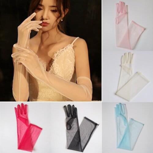70CM Long Elbow Length Finger Bridal Gloves Semi Sheer Soft Tulle 55CM Wedding Bride Multicolor Dress Gloves
