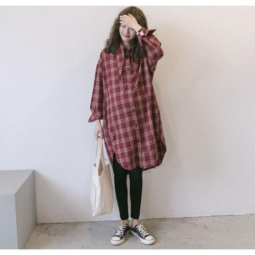 Pregnant women Loose Red Plaid Blouse Maternity Clothing Long Sleeve Blouse Elegant Long Shirts Single-Breasted Pregnancy Tops
