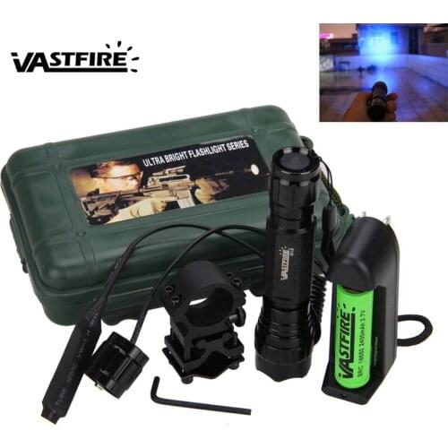 WF-501B Tactical Q5 Blue LED Hunting Flashlight Weapon Airsoft Scout Light+Switch+Rifle Rail Scope Mount+18650+Charger+Box