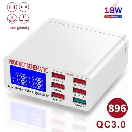 8A QC3.0 USB Smart Charger 6 Ports Mobile Phone Charger LCD Display Fast Charging Dock Multi-use for Phones Laptops Tablets PC