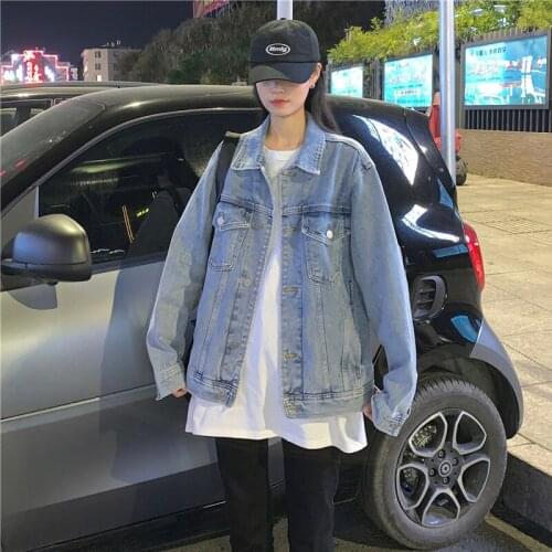 Women Clothes Oversized Solid Jeans Denim Coat Pocket Korean Solid Casual Loose Oversize Turn-down Female Outwear Denim