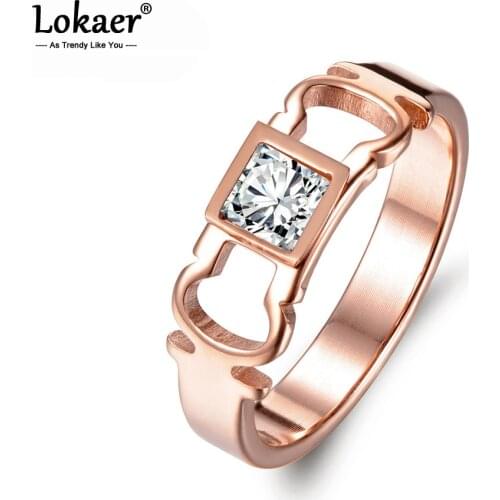 Lokaer Trendy Rose Gold Color Ring Stainless Steel Geometric Square Cut 1ct CZ Jewelry Tension Setting Rings For Women R17034