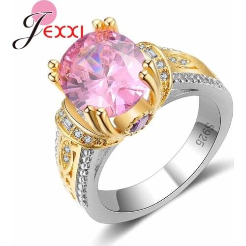 Clear Round Pink Zircon Ring Silver/Gold Color Wedding Party Jewelry Solid 925 Sterling Silver Crystal Bijoux for Women
