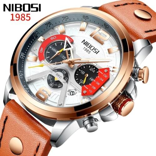 Mens Watches Top Brand Luxury NIBOSI Casual Leather Wristwatches Waterproof Chronograph Sport Quartz Men Clock Relogio Masculino