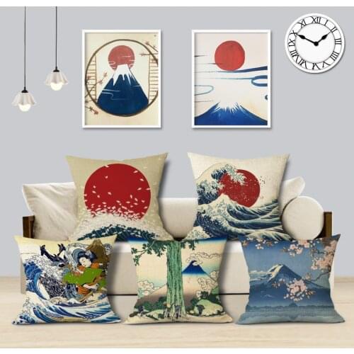 Fashion Cotton Linen Village Style Ukiyo Series Luxury Decor Pillow Case 45x45Cm Square Headboard 1 Side Printing Cushion Cover