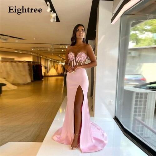 Eightree Pink Long Sleeveless Mermaid Night Party Dresses Flower Appliques Side Slit Sweetheart Celebrity Dress Evening Gowns