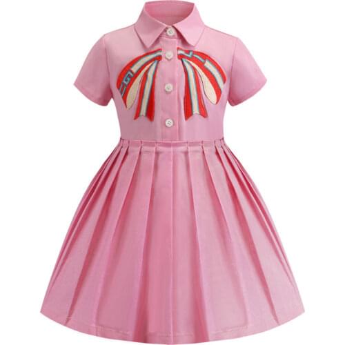 BealahollySpring and Summer New Embroidered Lapel Short-sleeved Pure Cotton Girls' Pleated Dress for 3-8y Dress Elegant