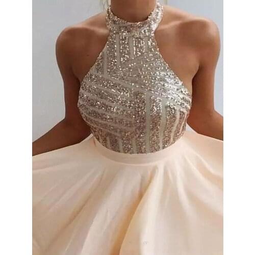 Hot Sale Sequin Short Prom Dress Halter Backless Above Knee Homecoming Dress Formal Party Gowns