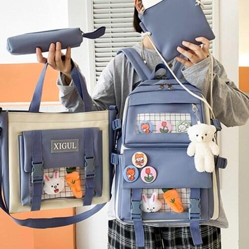 2021 4Pcs/set Canvas School Backpacks Women Lovely School Bags For Teenage Girls Bookbags Students Travel Shoulder Bags Female