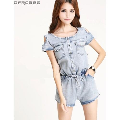 Off Shoulder Sexy Bodysuit Summer Short Sleeve Denim Overalls Women Rivet Pockets Lace Up Bodycon Rompers Vintage Jeans Jumpsuit