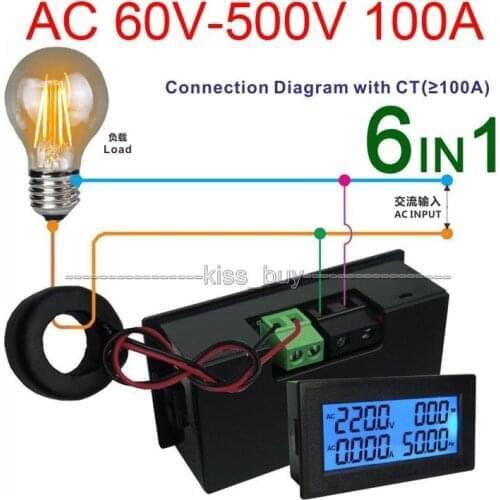 AC Multimeter Digital LCD 110V 220V 380V 100A Voltmeter Ammeter Voltage Current Power Factor KWH Frequency AC 60V-500V VOLT AMP
