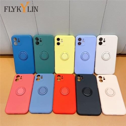 FLYKYLIN Soft Liquid Silicon Case For iPhone SE 2020 11 12 Pro Max X XR XS 7 6 8 6S Plus Ring Holder Shockproof Candy Back Cover