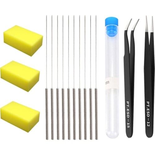 3D Printer Nozzle Cleaning Kit with 10 PCS 0.4MM Cleaning Needles 2 Types Sophisticated Tweezers and 3 Pieces Removal Sponge