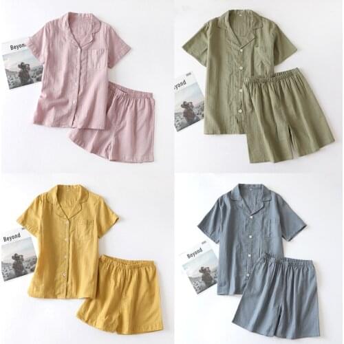 New Japanese-style Summer Couple Pajamas Men and Women Cotton Gauze Thin Short-sleeved Shorts Home Service Cardigan Suit Loose t
